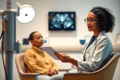 Doctor consults with patient in a modern clinic setting. Examination, healthcare, and medical consultation are key themes. The image showcases a professional environment with warm tones and a focus on patient care.