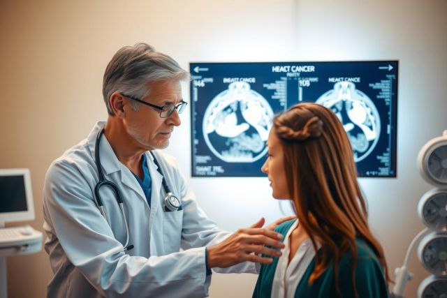 The image features a doctor in a medical office setting, dressed in professional attire and standing over a patient. The environment suggests a hospital or clinical context with modern healthcare equipment such as an MRI machine visible in the background.