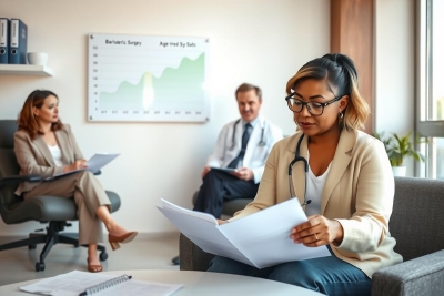 The image depicts a professional setting with three individuals engaged in a discussion. The focus is on the central person, who appears to be reviewing or preparing documents while seated at a table. There are visual cues such as office attire worn by all individuals and a presentation board with data points visible, suggesting a business or analytical context.