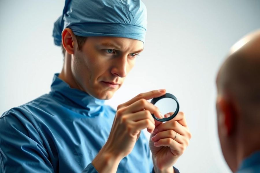 A man in a blue surgical gown and cap examines a ring. Focus on healthcare, medical, or jewelry themes. Bright studio lighting and close-up shot.