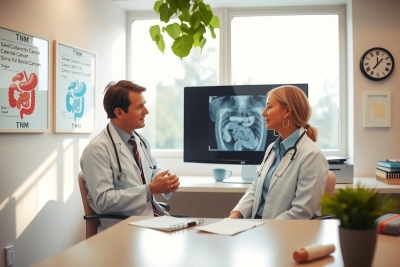 The image shows two medical doctors, a man and a woman, in what appears to be an office environment. The woman is seated behind the man, who is standing at a small desk in front of her. They are engaged in a conversation, likely discussing patient care or medical matters, as suggested by the papers on the table between them.