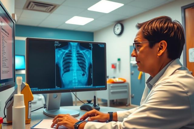 The image depicts a medical professional, possibly a doctor or radiologist, seated in front of a computer workstation with multiple monitors displaying medical images. 