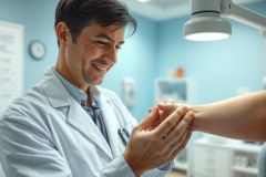 Doctor examining patient's arm in a bright, blue medical office. Healthcare professional in a white coat performs a physical assessment with a focused expression, illuminated by a medical lamp. Represents medical examination and patient care.