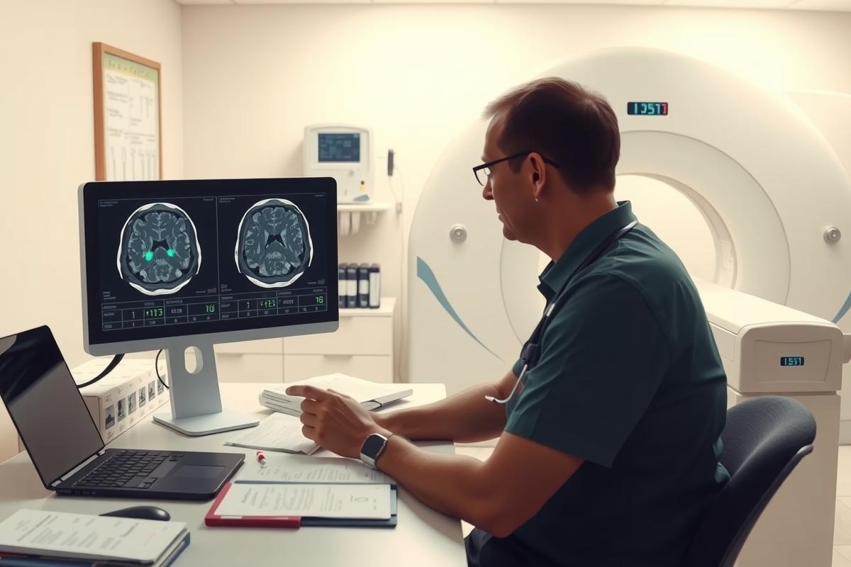 The image depicts a medical professional, likely a radiologist or an MRI technician, seated in front of a computer screen displaying MRI images. The person is wearing a dark uniform with visible identification and has short hair.