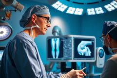 Medical professionals in a sterile operating room examine a patient's MRI scan on a monitor. Focus on diagnostics and healthcare technology.