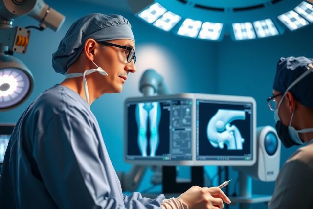 Medical professionals in a sterile operating room examine a patient's MRI scan on a monitor. Focus on diagnostics and healthcare technology.