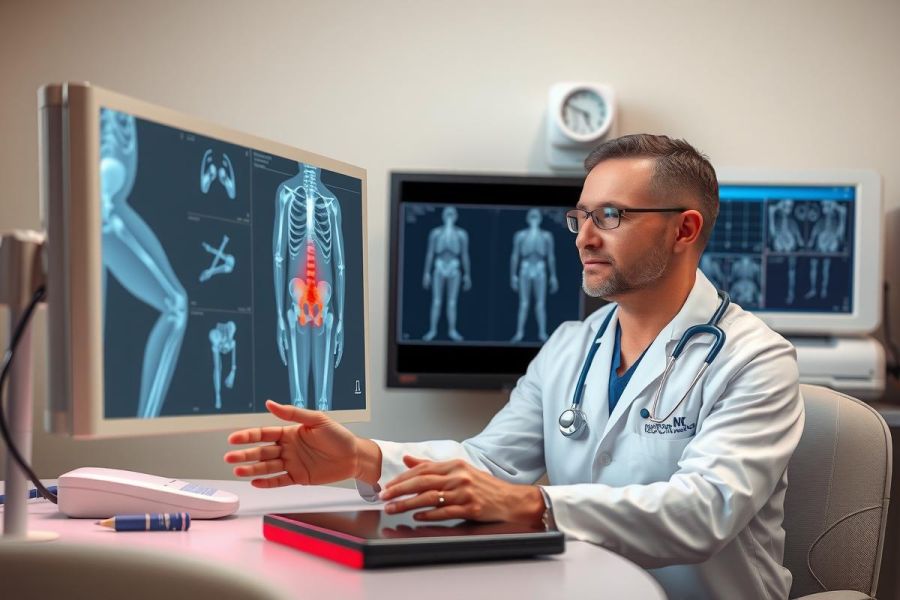 A doctor working on a computer, analyzing medical scans. The image shows the healthcare professional in an office setting with multiple screens displaying patient medical images and data for analysis.