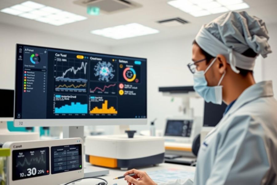 Scientist in a lab coat and mask examines data on computer screens. The bright, modern lab setting features various scientific equipment and displays, suggesting research or analysis.