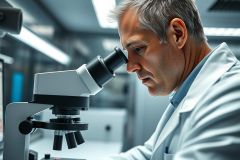 Scientist in a lab examining a microscope. A man wearing a white lab coat intently looks through the lens in a modern, brightly lit research environment. The image showcases scientific research, microscopy, and laboratory work, with a focus on precision and analysis.
