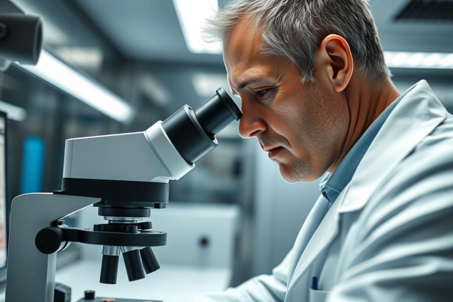 Scientist in a lab examining a microscope. A man wearing a white lab coat intently looks through the lens in a modern, brightly lit research environment. The image showcases scientific research, microscopy, and laboratory work, with a focus on precision and analysis.