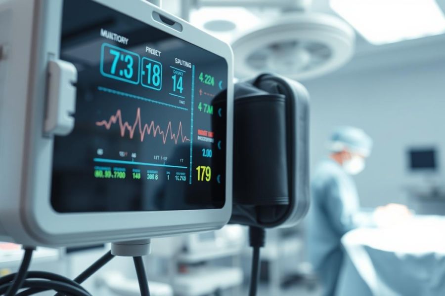 Close-up of a patient monitoring device displaying vital signs in a modern operating room. Medical equipment, blue and white color scheme, surgical setting with blurred medical staff in the background. Healthcare, hospital, surgery theme.