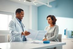 Doctor consults with a patient in a modern, bright blue medical office. The doctor, wearing a lab coat and stethoscope, reviews documents with a woman seated at a desk. Healthcare, consultation, and patient care themes are prominent.