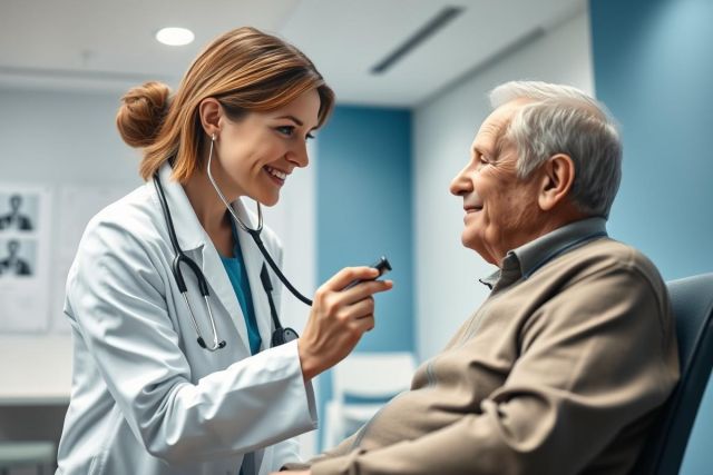 A smiling female doctor in a white coat uses a stethoscope to examine an elderly male patient in a bright, modern clinic. The scene conveys healthcare, senior care, and a positive doctor-patient relationship with blue and white tones. Focus on medical checkup and wellness.