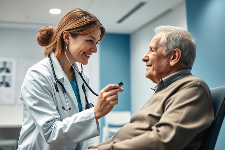 A smiling female doctor in a white coat uses a stethoscope to examine an elderly male patient in a bright, modern clinic. The scene conveys healthcare, senior care, and a positive doctor-patient relationship with blue and white tones. Focus on medical checkup and wellness.