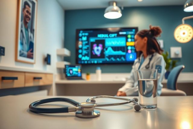 Doctor in a modern office setting, wearing a stethoscope. The scene includes a glass of water and medical equipment, suggesting a healthcare environment. Blue and white tones are prominent.