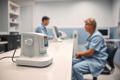 Medical clinic scene featuring diagnostic equipment in foreground, with healthcare professionals in blue scrubs working at computers in background. Clean, modern interior with neutral colors and focus on medical technology and patient care.