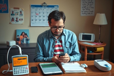 In the image, there is a man seated at a cluttered desk in an office setting. The man appears to be engrossed in using his smartphone, which he holds in his right hand. 