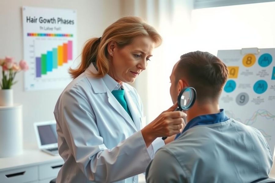 Doctor examines patient's scalp with a magnifying glass in a clinic. Healthcare professional conducts a skin checkup. Medical examination, dermatology, skin health, close-up view.