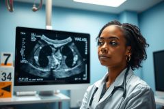 A female doctor in scrubs examines an ultrasound screen displaying a fetal image. The scene, set in a medical clinic, features a blue environment and suggests prenatal care or diagnostics.