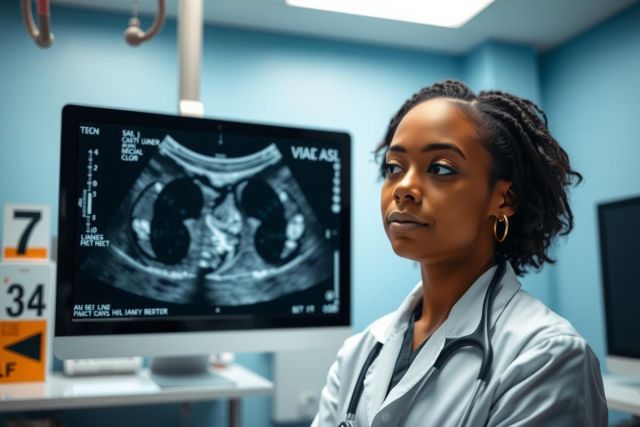 A female doctor in scrubs examines an ultrasound screen displaying a fetal image. The scene, set in a medical clinic, features a blue environment and suggests prenatal care or diagnostics.