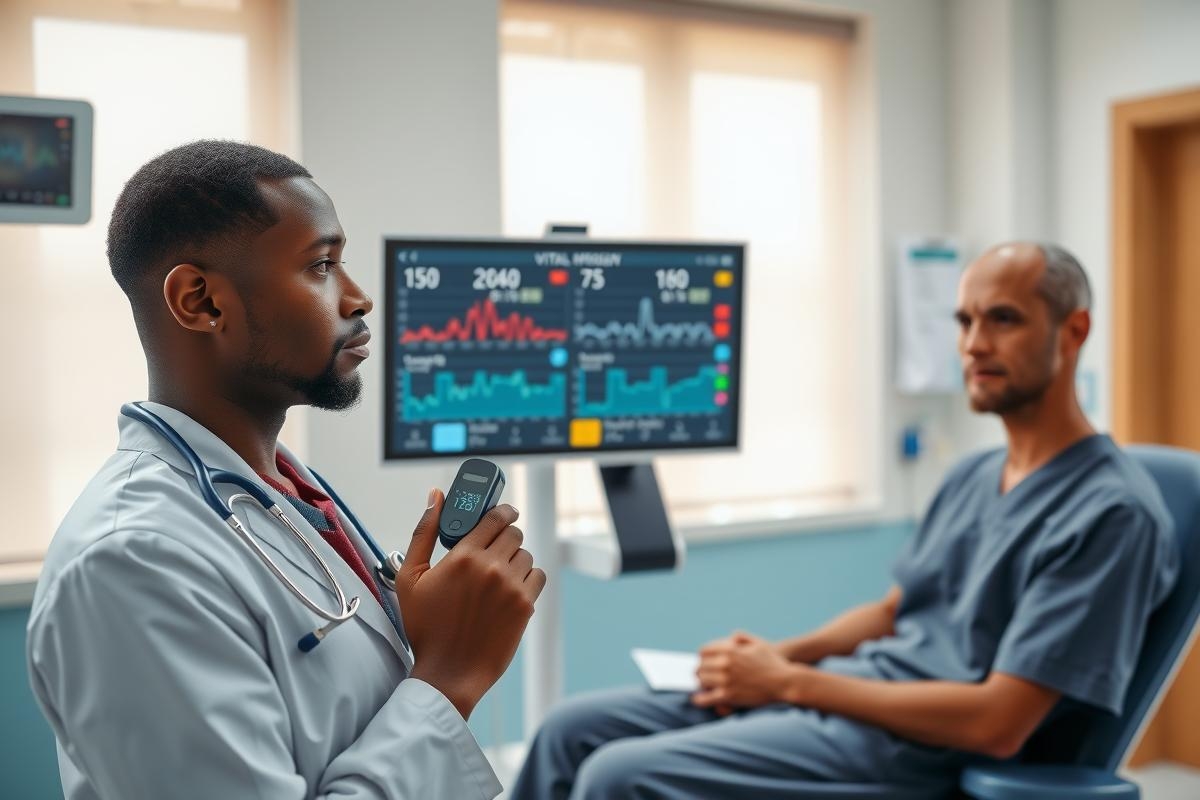 Doctor examining patient with stethoscope in medical clinic. Healthcare professional conducting checkup in a modern hospital setting. Blue scrubs, patient consultation, medical examination.