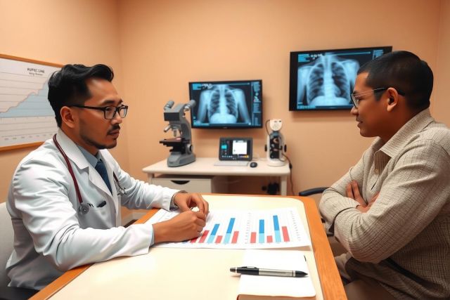 The image shows two men in a medical office. On the left, there is a doctor wearing a white coat and stethoscope around his neck. He appears to be engaged in a discussion with a patient on the right side of the frame. The room has medical equipment such as an X-ray viewer with images on its screen.