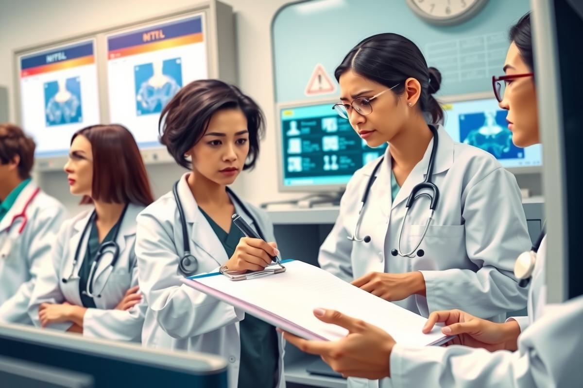 The image depicts a group of medical professionals, possibly doctors or nurses, in what appears to be an emergency room or a similar healthcare setting. They are engaged in a discussion or examination of patient records, as indicated by the presence of medical documents and electronic displays with patient information.