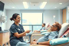 Healthcare setting. A nurse in scrubs interacts with patients in recliners, likely receiving treatment. Bright, clean environment with blue accents. Focus on patient care and medical professionalism.