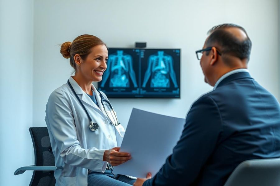 Doctor discusses patient records with a man in a medical office setting. The image features a healthcare professional in a white coat and a patient, suggesting a consultation or review of medical findings. Visible is a document and an X-ray on the wall.