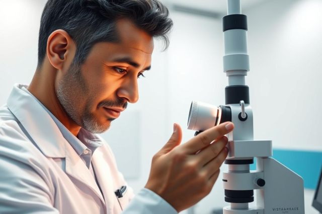 Scientist in a lab coat examines a microscope. Close-up view of a male researcher focused on scientific analysis in a modern, clean laboratory setting. Predominantly white and gray tones with a professional, research-focused context.