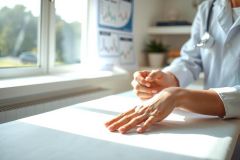 Close-up of hands resting on a white table near a window, bathed in natural light. A medical theme suggested by a stethoscope. Focus on calm, workspace, and healthcare.
