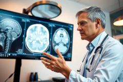 Doctor examines brain MRI scan on a monitor, displaying neurological imaging. Healthcare professional in a medical setting, showcasing diagnostic technology. White coat, blue screen, and focused medical assessment.