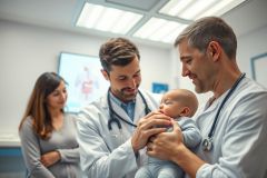 Doctor examining a newborn baby during a medical checkup in a bright, modern clinic. A concerned parent watches as the pediatrician assesses the infant. Healthcare, baby care, and wellness themes are prominent in this image.