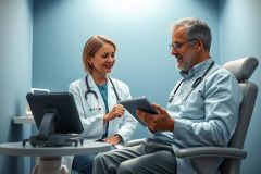 Doctor consultation in a modern clinic. A female doctor and male patient discuss medical records on a tablet, surrounded by a calming blue color scheme. Healthcare professionals, medical examination, and digital health technology are key themes.