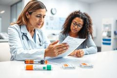 Doctor and patient in a bright, modern clinic reviewing medical documents. A female doctor in a white coat examines paperwork while a patient wearing glasses looks on. Medication inhalers and packaging are visible on the table, suggesting respiratory health treatment. Healthcare consultation, medical examination, and patient care themes.