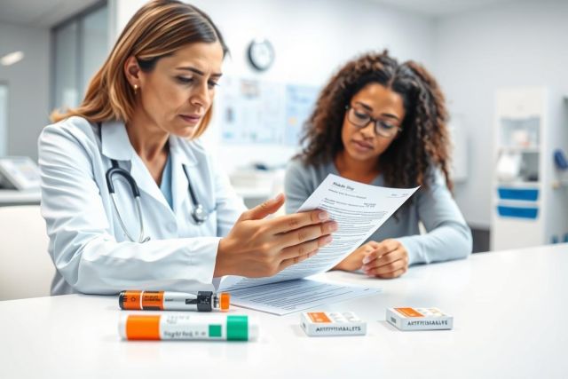 Doctor and patient in a bright, modern clinic reviewing medical documents. A female doctor in a white coat examines paperwork while a patient wearing glasses looks on. Medication inhalers and packaging are visible on the table, suggesting respiratory health treatment. Healthcare consultation, medical examination, and patient care themes.