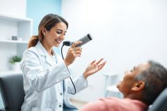 Doctor examining patient's eye in a bright, modern clinic. A female physician uses an ophthalmoscope during a routine eye exam. The scene features a clean white and blue environment, showcasing healthcare and medical checkup concepts.