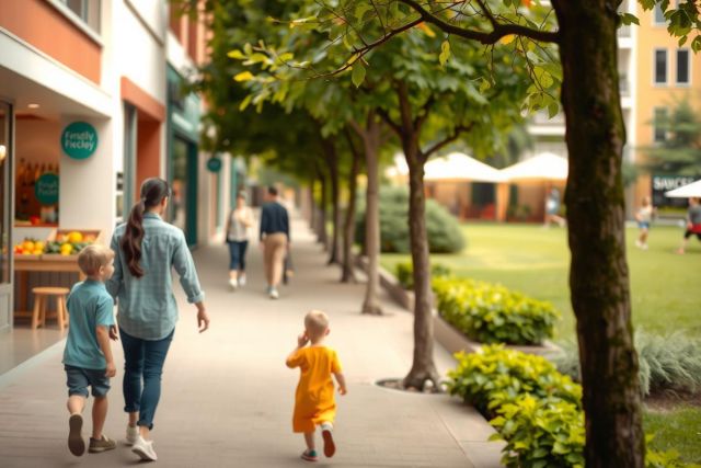 A woman and two children walk down a paved path lined with trees and shops. The scene features bright sunlight, green foliage, and a vibrant atmosphere, suggesting an outdoor shopping area or park.