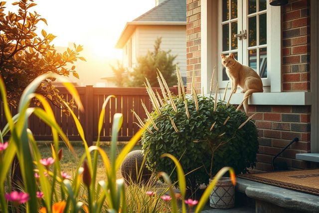 The image depicts a serene suburban scene during sunset. A tabby cat sits on the ledge of an inviting porch, overlooking a beautifully landscaped yard with vibrant flowers and lush grass. The warm golden hues of the setting sun bathe the house and garden in a soft glow, creating a peaceful atmosphere.