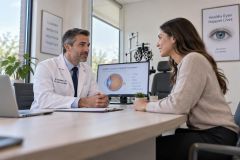 Ophthalmologist consulting with patient in clinic, eye diagram and phoropter visible behind