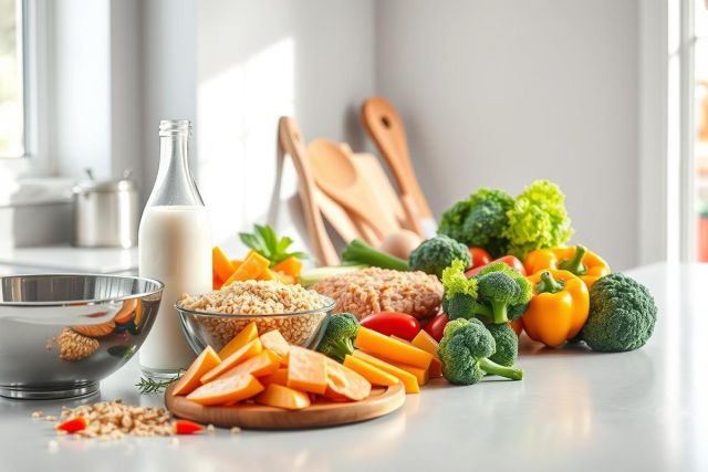 Healthy food ingredients on a kitchen counter. Fresh vegetables like broccoli, peppers, carrots, and grains are displayed alongside a bottle of milk. Bright, natural light and wooden cooking utensils create a wholesome, vibrant scene focused on nutritious eating.