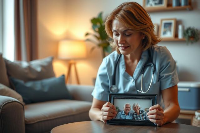 A healthcare worker in scrubs looks at a framed photo of an elderly couple, creating a heartwarming and compassionate moment. The scene is set in a cozy room with soft lighting.