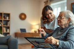 An older woman looking at a tablet with a younger person assisting. Warm indoor setting with soft lighting. Focus on intergenerational connection and technology use.