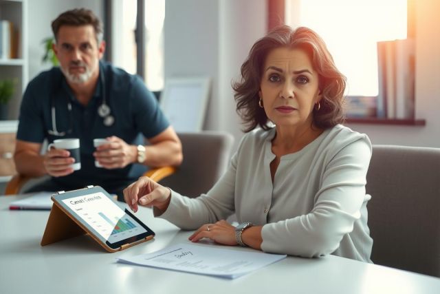 Two healthcare professionals discuss data on a tablet in a modern office setting. A woman gestures towards a chart while a man holds a coffee cup. The scene showcases a collaborative medical review.
