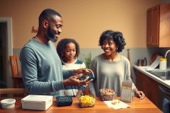 The photo shows a joyful family moment in the kitchen, with a father, his wife, and their daughter gathered around the counter with a variety of food.