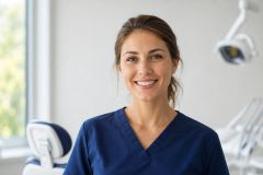 Smiling dental professional in clinic with dental chair and overhead light, approachable and professional.