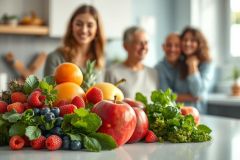 Fresh fruit and vegetables—apples, oranges, berries, and greens—displayed on a kitchen counter. A multigenerational family is blurred in the background, suggesting healthy eating and family time. Bright, natural lighting and vibrant colors convey freshness and wellness.
