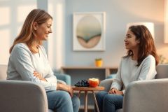 Two women engaged in conversation in a bright, modern living room. Soft natural light illuminates the scene featuring neutral colors, comfortable seating, and a decorative table with fruit. Represents connection, family, or counseling.