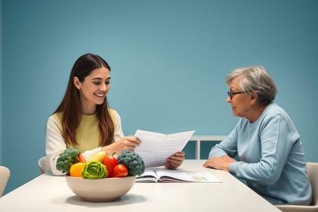 Two people, a young woman and an elderly man, review a document likely related to nutrition or healthcare. A vibrant bowl of colorful vegetables (broccoli, peppers, lettuce) sits on a table against a teal background, suggesting healthy eating and senior care.