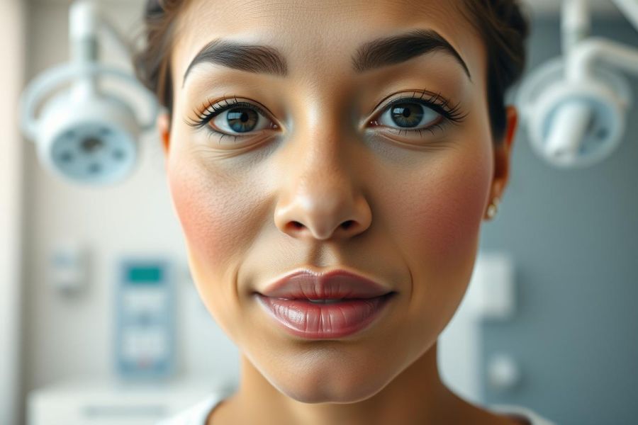 Close-up portrait of a smiling woman with flawless makeup in a medical setting. Warm tones, blush, and vibrant eyes are highlighted against a neutral background with medical equipment visible. Beauty, skincare, and cosmetic procedures themes.